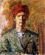 Self-portrait in red headwear